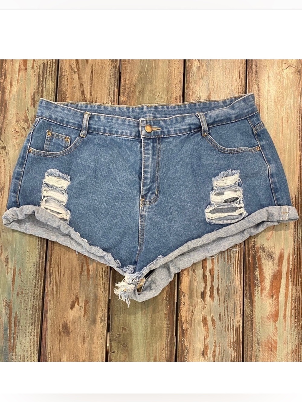 SHEIN Curve High Rise Distressed Shorts  Denim Raw Hem Festival Shortie 2XL